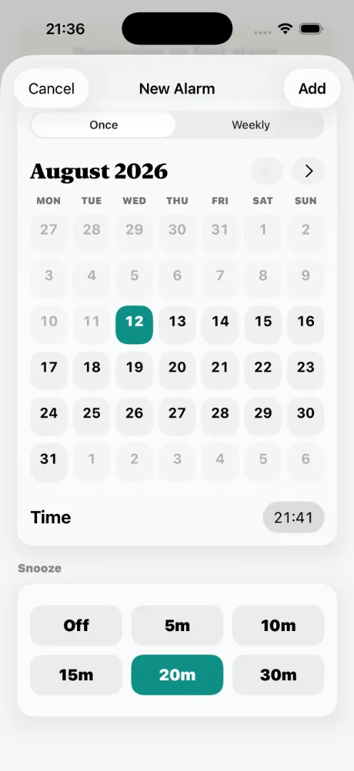 Shiftwake new alarm screen showing calendar and snooze controls.